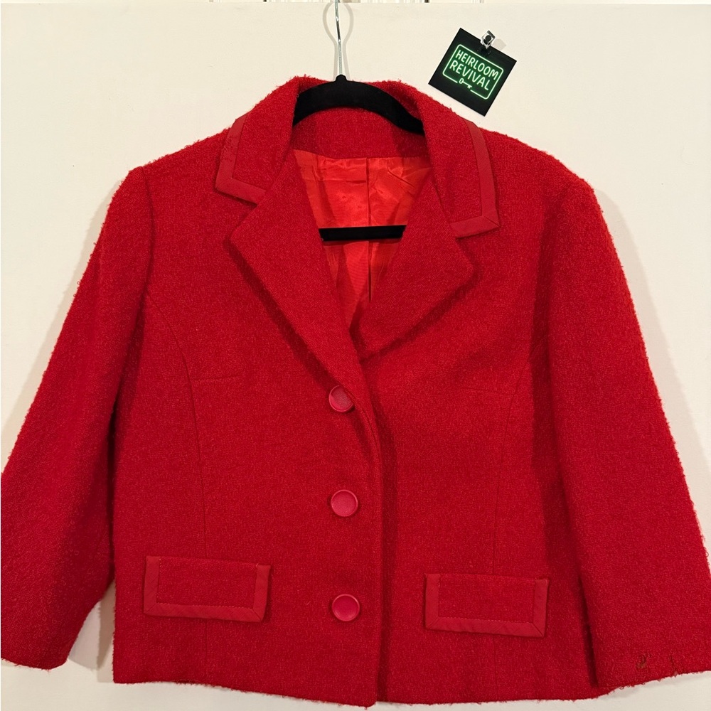 Vintage 1950s Red Boucle Wool Skirt Suit Set by Renlyn Union Made